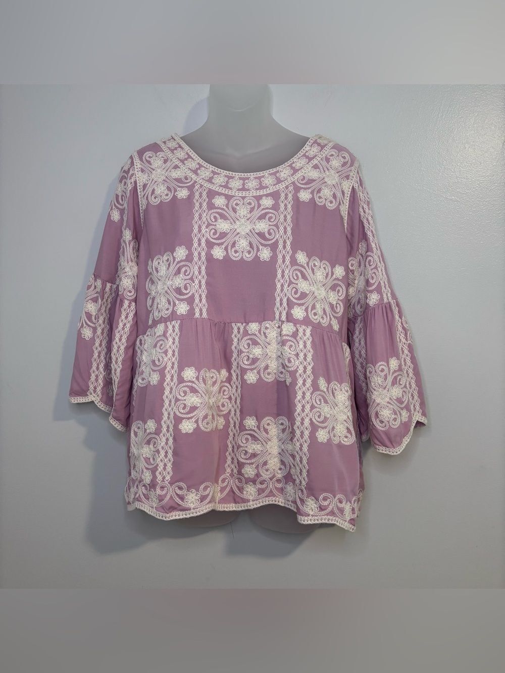 Ana & Rose Dusty Rose Embroidered Boho Bell Sleeve Blouse Size S
